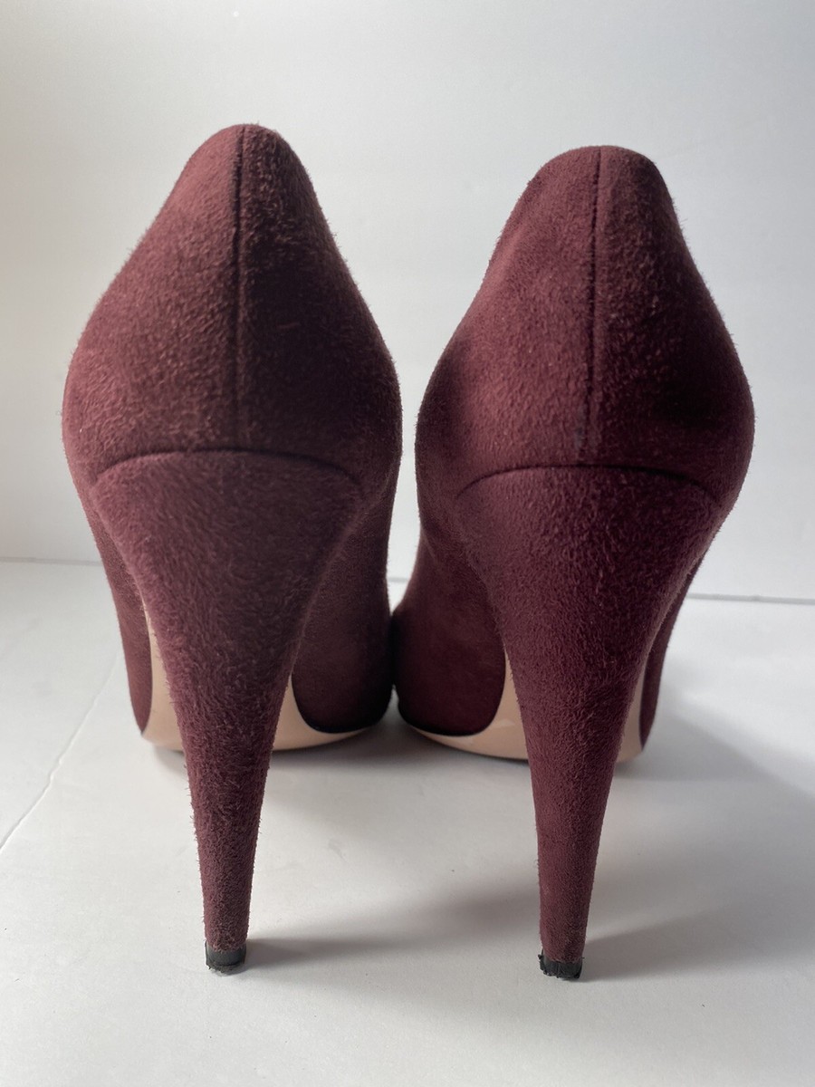 Prada Open Toe Suede Pumps High Heels Burgundy 37.5/ 7 $695