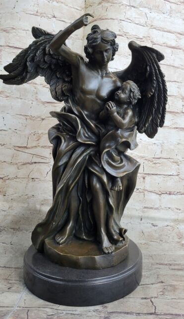 Signed Leonard Large Muscular Angel with a Child Bronze Marble Sculpture Figure