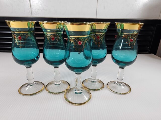 Gorgeous Vintage Venetian Murano Italian Blue Gold Jeweled 5 Glasses Only Gorgeous Vintage Venetian Murano Italian Blue Gold Jeweled 5 Glasses Only