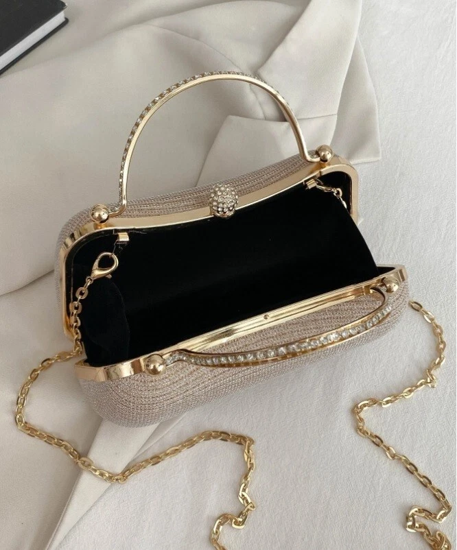 Women's Small Champagne Gold Rhinestone Decor Gold Chain Box Bag Double Handle - Image 3 of 4