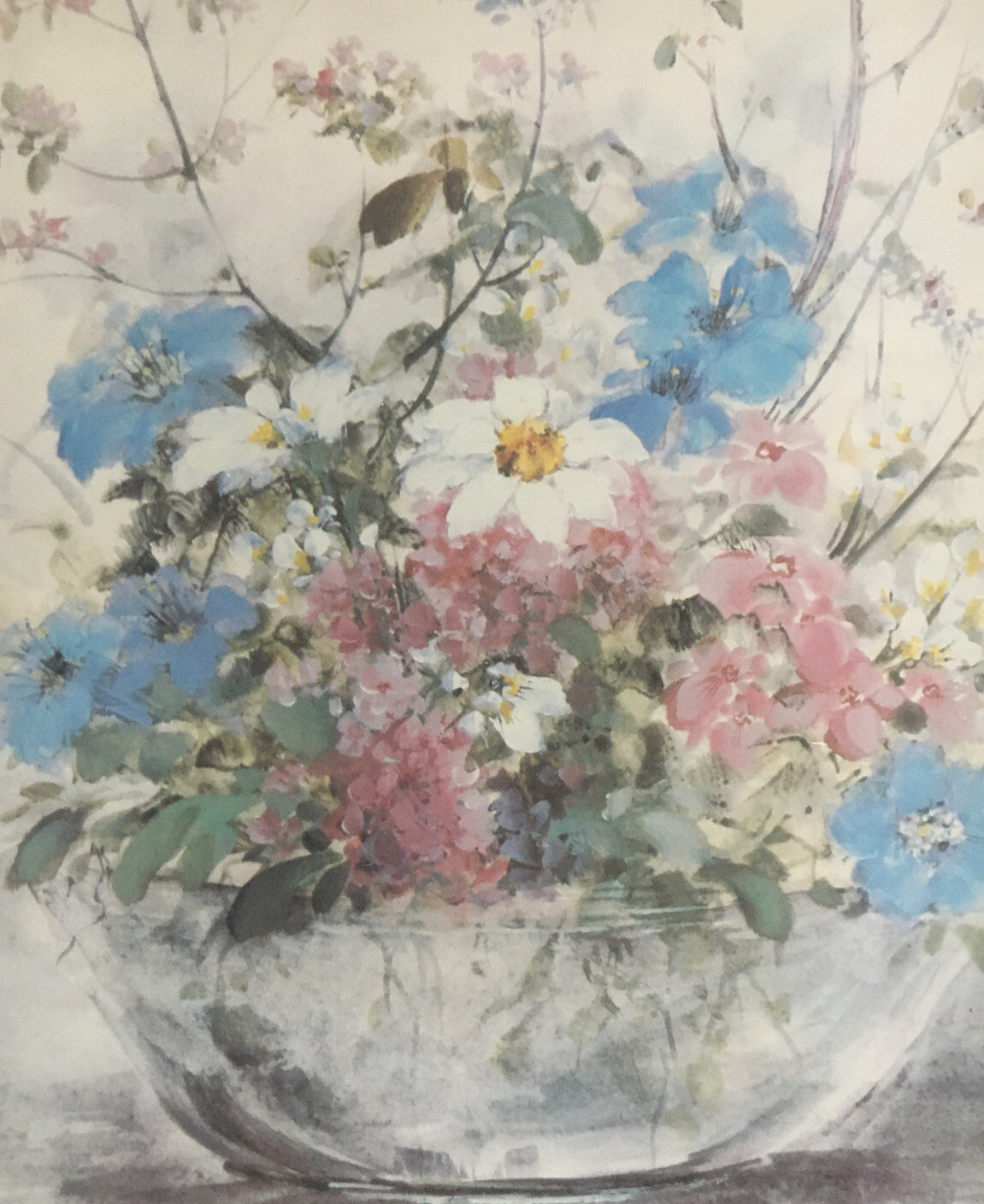 Vintage Blue Pink Flowers Bowl Vase Picture Octagon Gold Wood Frame