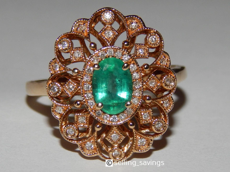 14K YELLOW GOLD EFFY EMERALD DIAMOND FILIGREE 8/10 " WIDE COCKTAIL RING SZ 8.75 - Image 3 of 4