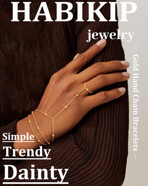 Alternate view of Gold Hand Chain Bracelet For Women, 14k Gold Plated Finger Ring Bracelet Dainty