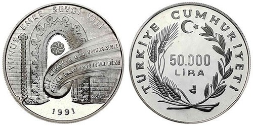 TURKEY 1991, 50000 Lira, Yunus Emre, KM#1006, Silver Coin, 925 Ag