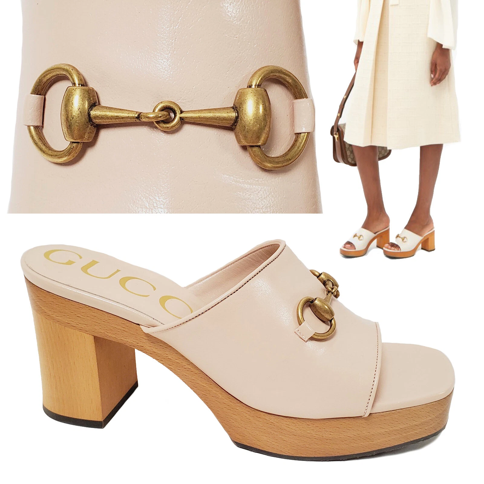 CHAUSSURES GUCCI HOUDAN BOIS PLATEFORME CUIR MULES avec MORS DE CHEVAL taille 39 9