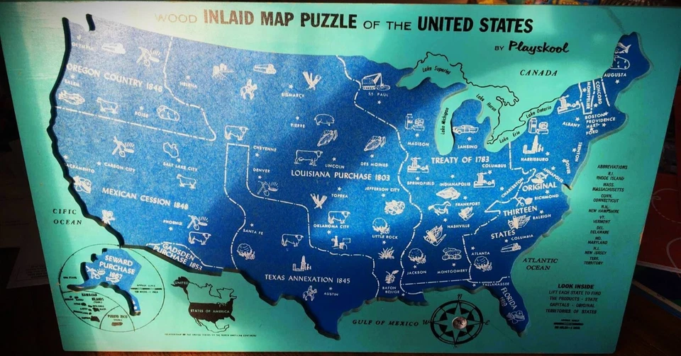 Rompecabezas mapa Estados Unidos vintage años 50 Playskool 49 piezas con incrustaciones de madera Foto 3 de 4