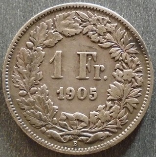 Switzerland Silver 1 Franc 1905 toned