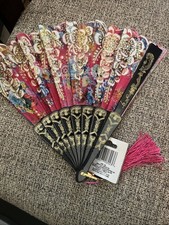 NWT Foldable Folding Hand Held Fan Pink Black Floral Glitter Fabric
