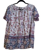 Lucky Brand Boho Floral Top Short Sleeve Blouse 1X White Blue Red Peasant Hippie
