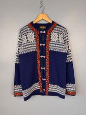 Vintage Nordstrikk Norwegian Floral Fair Isle Wool Knit Cardigan Blue Unisex M-L