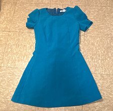 Forever 21 Blue Solid Fit & Flare Short Dress S Round Neck Puff Sleeve Zip