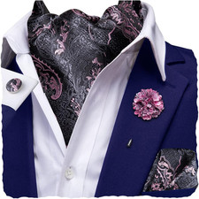 Silk Ascot for Men Self Tie Men's Cravat and Flower Lapel Pin Handkerchief Cuffl