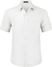 Men's Button Down Dress Shirt Short Sleeve V-Neck Size XX-Large 01-white Cotton