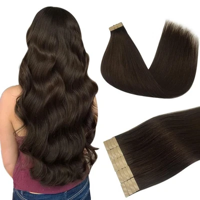 Extension Bande Adhesive Cheveux Naturel, Brun Foncé Clair 35cm 14 Pouce 50g ... - Photo 1/4
