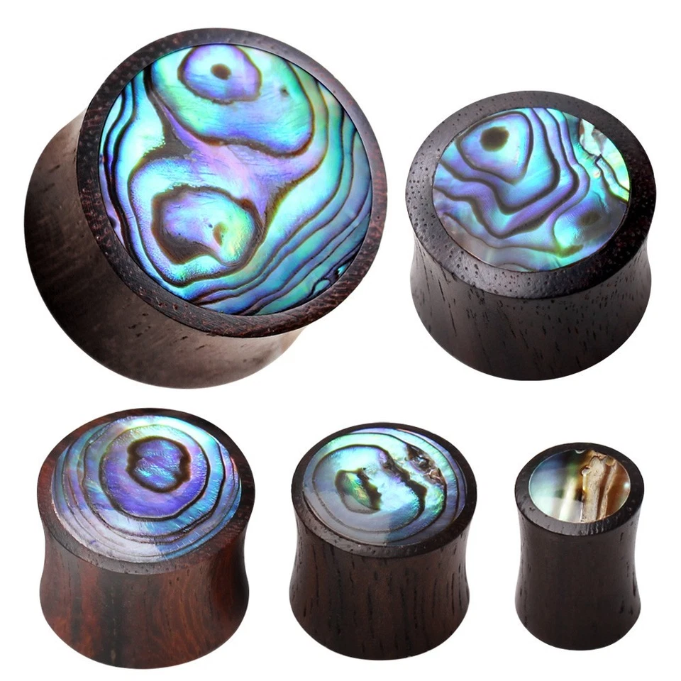 PAIR of Natural Organic Sono Wood Saddle Plug with Abalone Inlay - Image 2 of 4