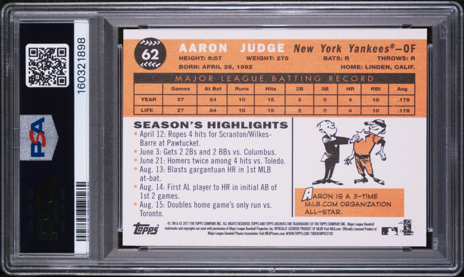 AARON JUDGE 2017 TOPPS ARCHIVES RC #62 PSA 10 GEM MINT! NY YANKEES! #160321898 view 2