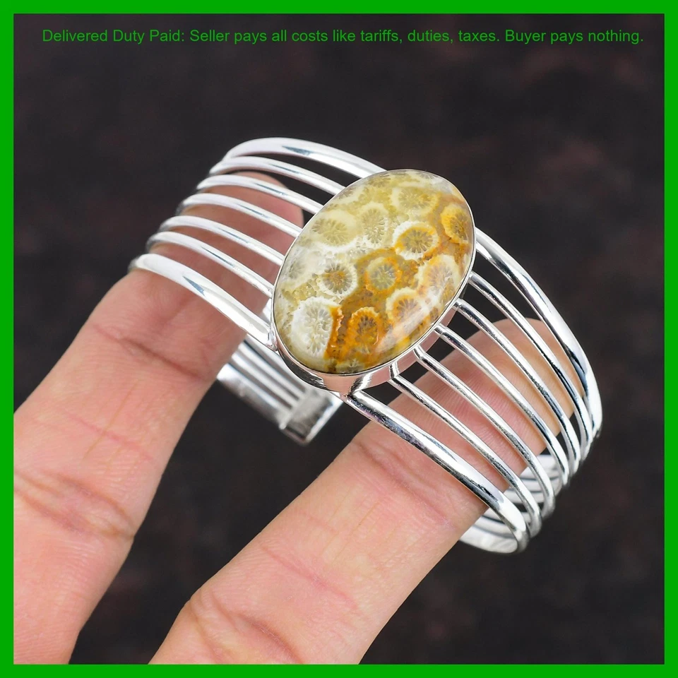 Oferta Black Friday 925 Plata de Ley Ovalada Fósil Coral Piedras Preciosas Brazalete Joyería Foto 4 de 4