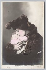 Glamour Mother Baby Fur Coat Feather Hat 1907 Postcard RPPC Hand Tint H. Manuel