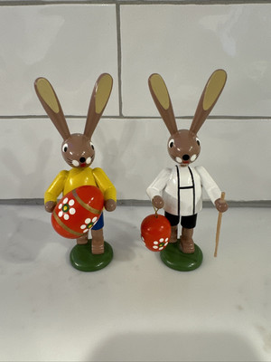 Vintage German Wood Echte Erzgebirgische Hand Made pair of Rabbits Mr. & Mrs.