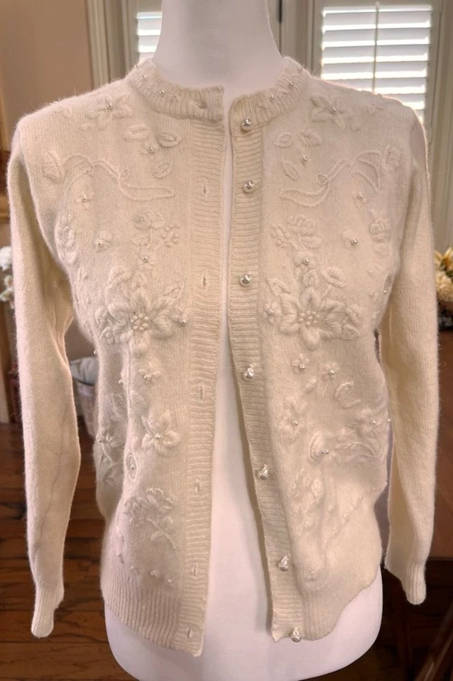 Cárdigan Suéter Vintage Petite Sophisticate Marfil Angora Lana Cuentas Perla 8P Foto 4 de 4
