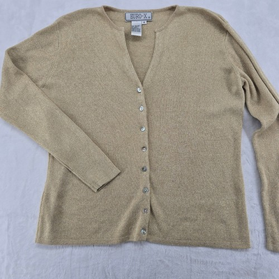 #ad EURO X Cardigan Womens M Sweater Gold Silk Metallic Knit Button Front V Neck $15.99