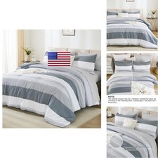 Andency Queen Size Comforter Set 7 Pieces - Light Grey Striped Lightweight Bed