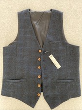 VOBOOM Windowpane Check Tweed Vest Mens SMALL Blue Waistcoat Buckle Back