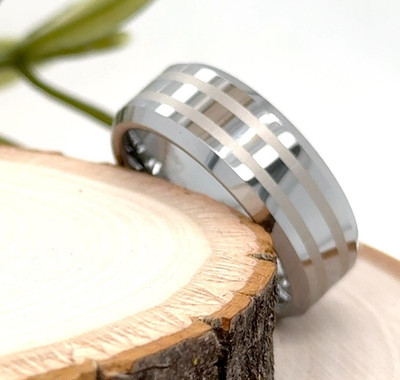 8mm Brushed Silver Tungsten Band   Beveled Edge Christmas Gift Ring for Him/Her