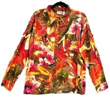 Chicos Button Down Shirt 2 Med Floral Boho Fall Bold Island Travel Resort Artsy