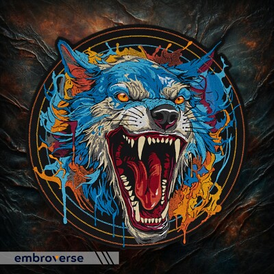 #ad Fierce Blue Wolf Embroidered Patch Large Iron On Vivid Animal Applique $34.99