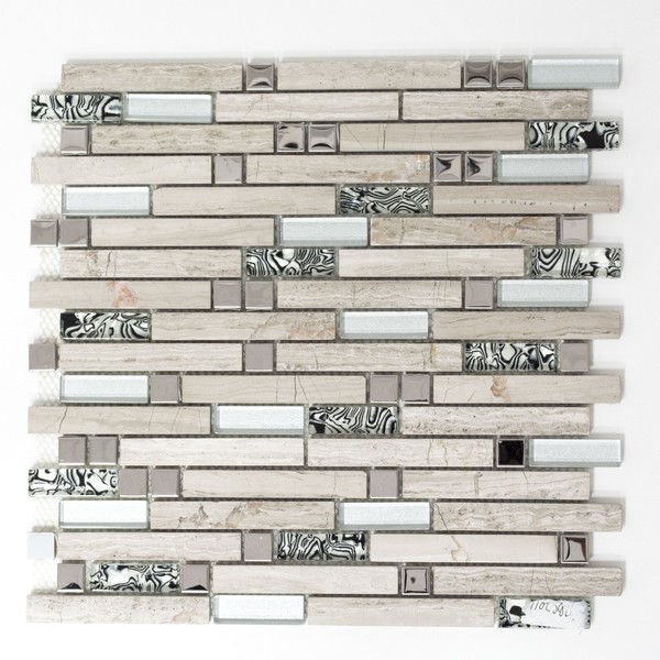 Glasmosaik Naturstein StäBchen Mosaik Fliese Edelstahl Silber Hellbeige Grauweiß-image