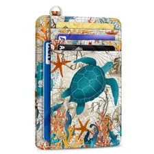 Sea Turtle Credit Card Case Small Pocket Wallet Vegan Leather RFID Protection