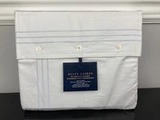 Ralph Lauren Organic Handkerchief Embroidery Flat Sheet White Blue Hyacinth KING