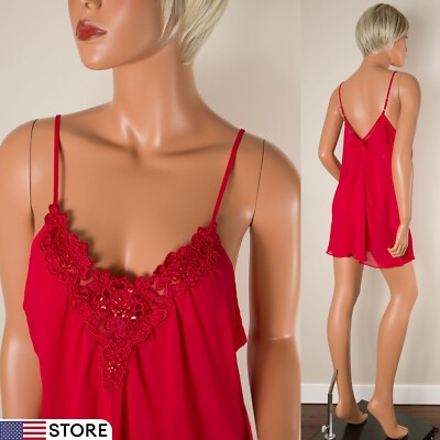  Vintagi ALEXANDRA NICOLE Red Sheer Chiffon Chemise Nightgown Slip Beaded L