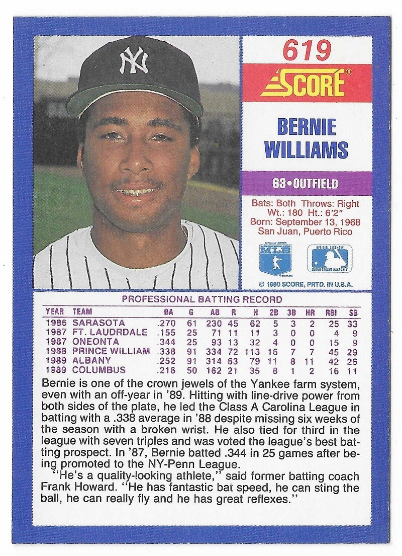 メジャーリーグ　カード　Barnie Willrams Amazon.com: 1990 Topps Baseball #701 Bernie Williams Rookie