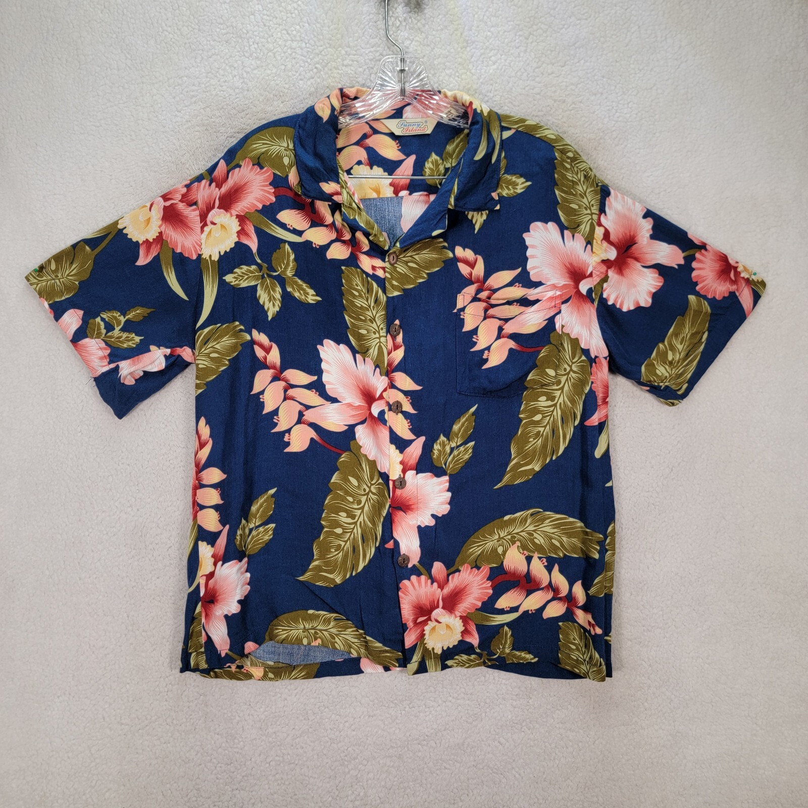 Sunny Island Blue Tropical Floral Hawaiian Collar Casual Button Shirt Men Size M