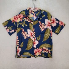 Sunny Island Blue Tropical Floral Hawaiian Collar Casual Button Shirt Men Size M