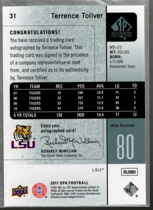 B3818- 2011 SP Authentic Autographs #31 Terrence Toliver D Auto SAMPLE PIC - Image 2 of 2