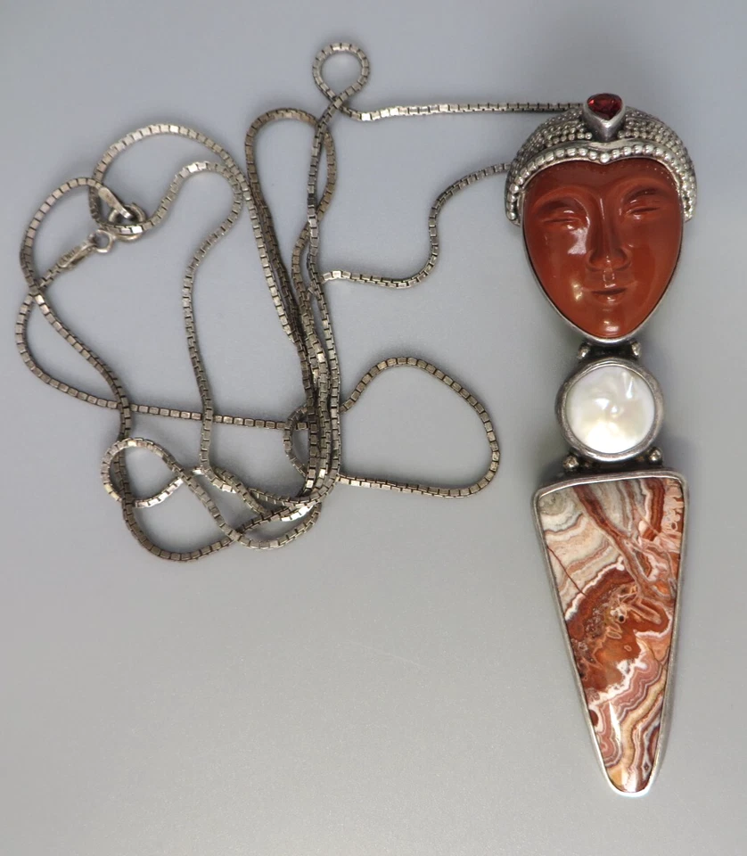Pingente de deusa esterlina vintage Sajen jaspe vermelho renda louca ágata granada pérola - Imagem 2 de 4