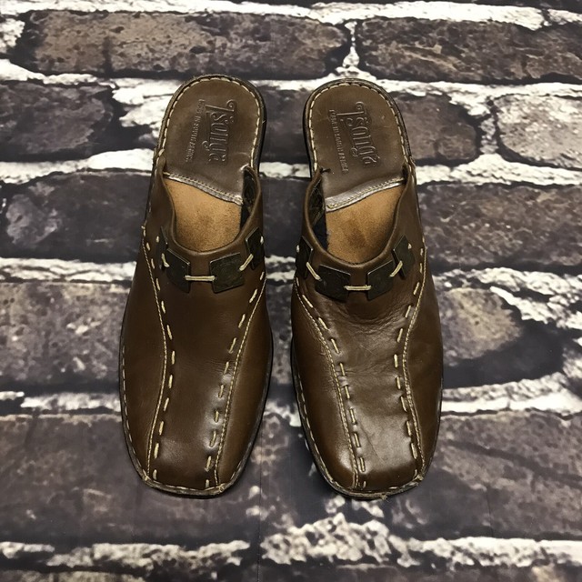 Dark brown leather Tsonga South Africa mules clogs, slip on shoes, size
