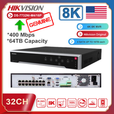 NEW Hikvision 8K 4K 32MP 32CH 16 POE Network Video Recorder 4SATA HDMI VGA NVR