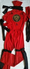 Vtg Red Ninja Costume Kids Sz L Hooded w Black Scarves Halloween
