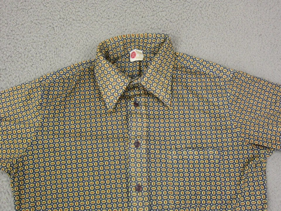 Vintage Sears Shirt Mens Large Blue Yellow Paisley 70s Big Collar Disco Poly - Image 2 of 4