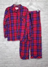 Victoria's Secret 2 Piece Pajama Set Red Blue Plaid Long Sleeve Pants Sz Medium