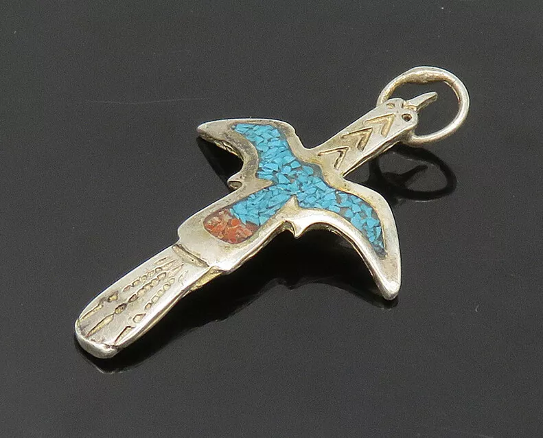 ZUNI NAVAJO 925 Silver Vintage Turquoise Coral Phoenix Pendant