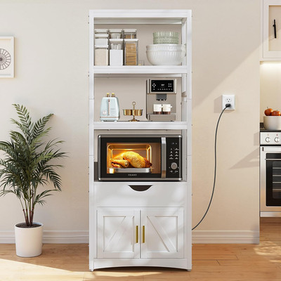 3-Tier Microwave Stand with Charging Station, Freestanding Farmhouse Kitchen Rac