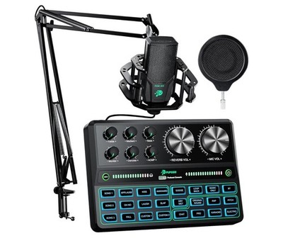 PUPGSIS T8 Pro Podcast Equipment Bundle w/ Audio Interface & Studio Mic Black