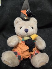 Vintage Halloween Bear With Black Cat In Hat And Crow In Pocket Plush