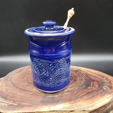 Studio Pottery “Apex II” Cobalt Blue Honey Keeper with Lid & Wooden Dipper