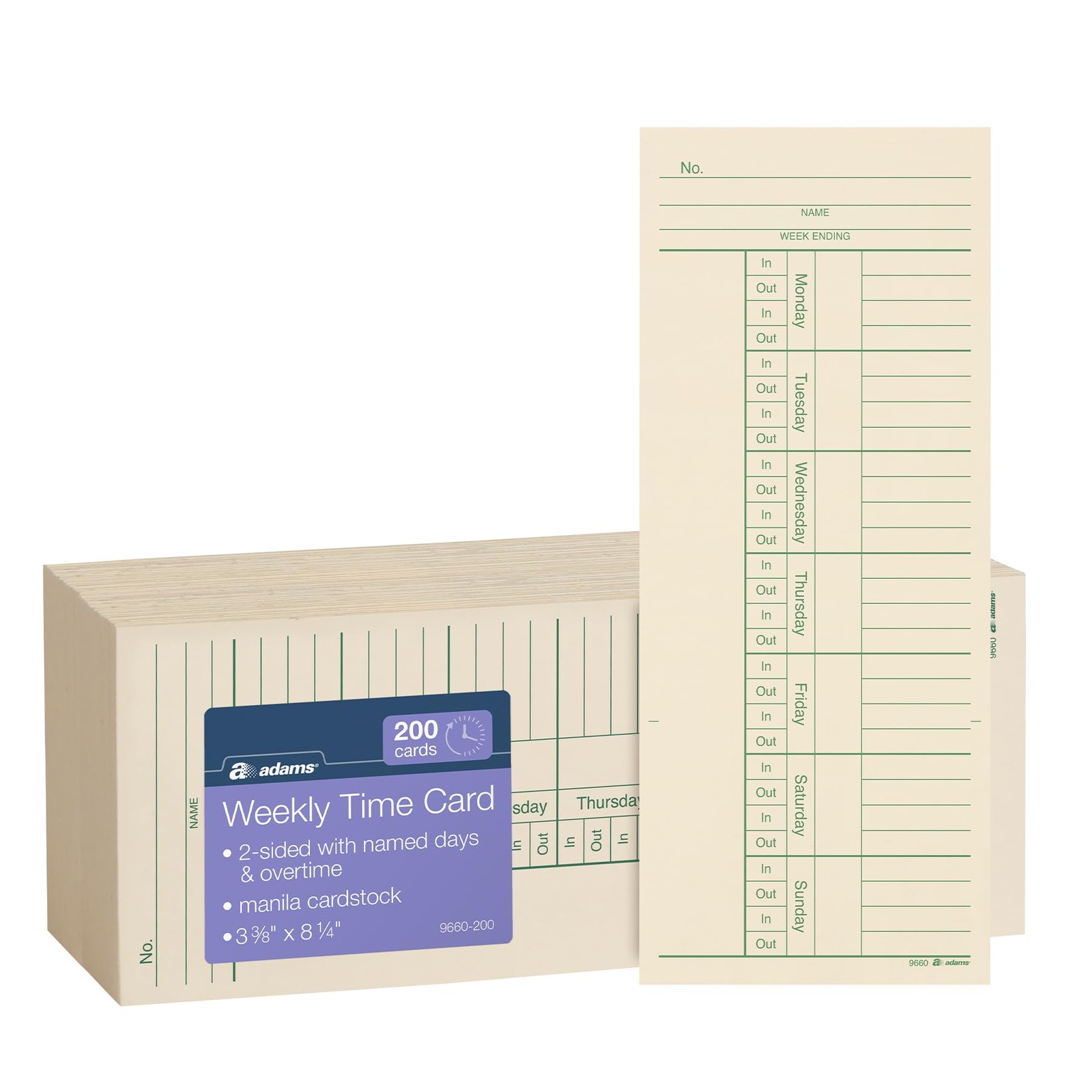 Adams Time Cards, Weekly, 2-Sided, Overtime Format, 3-3/8" x 8-1/4", Manila